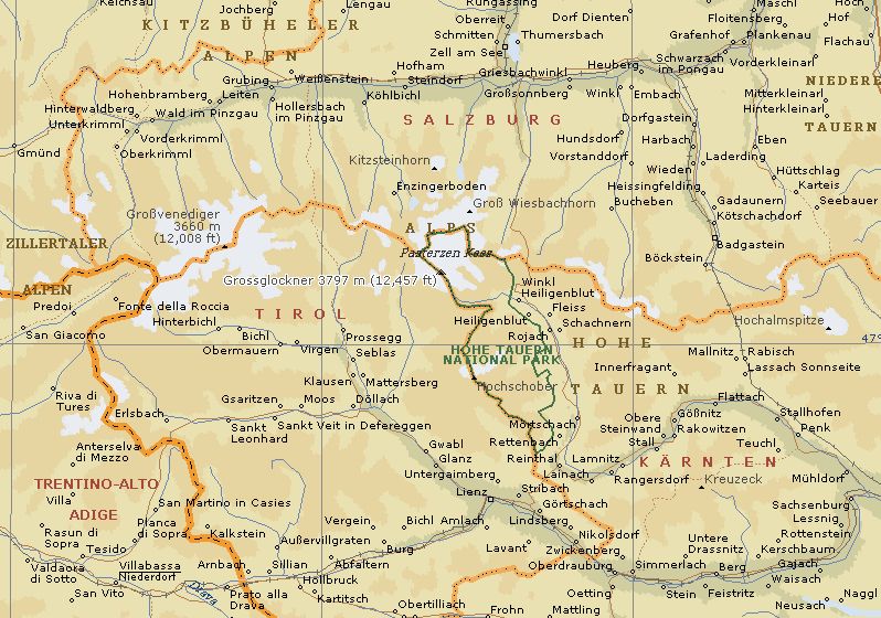 Location Map for the Gross Glockner , 3798 metres, in the Tyrol - highest peak in Austria