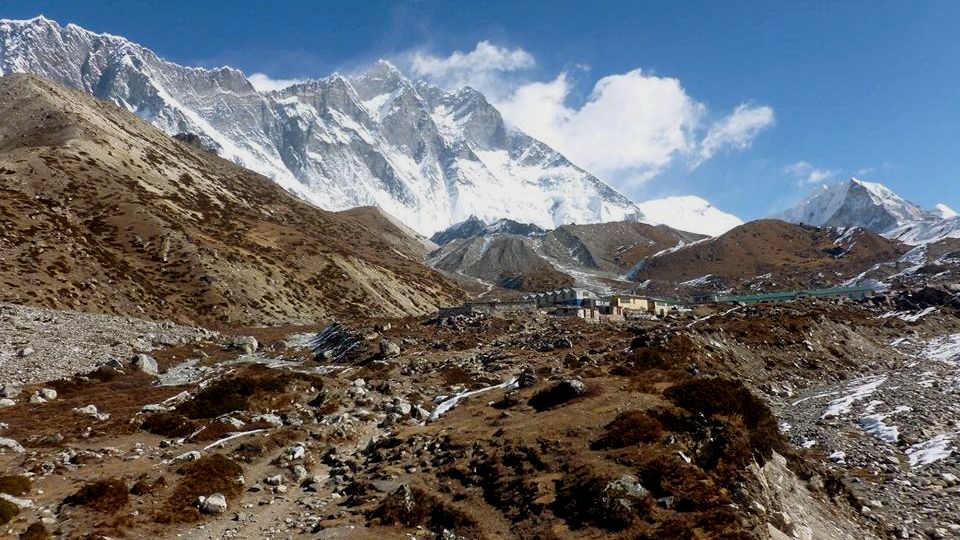 Chukhung Village beneath the Nuptse-Lhotse Wall from above Bibre