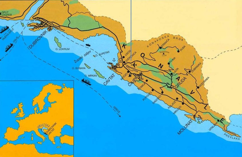 Map of Dubrovnik on the Adriatic Coast of Croatia