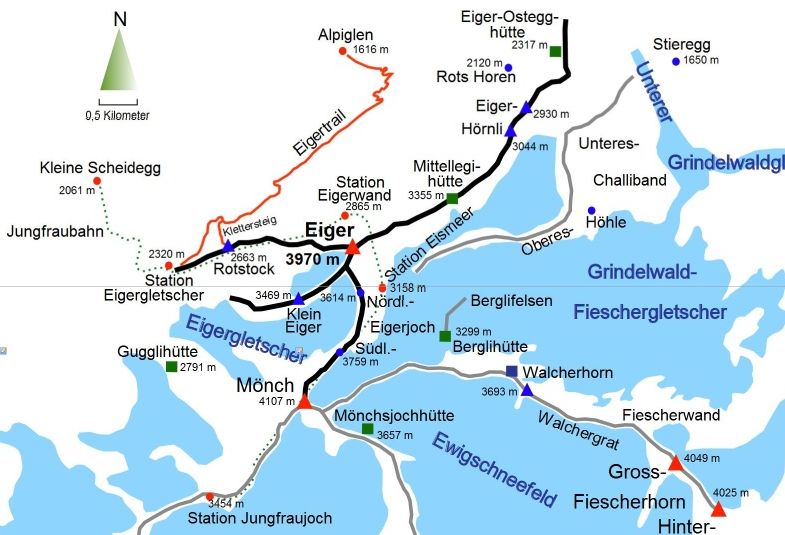 Map of Eiger Region of the Bernese Oberlands