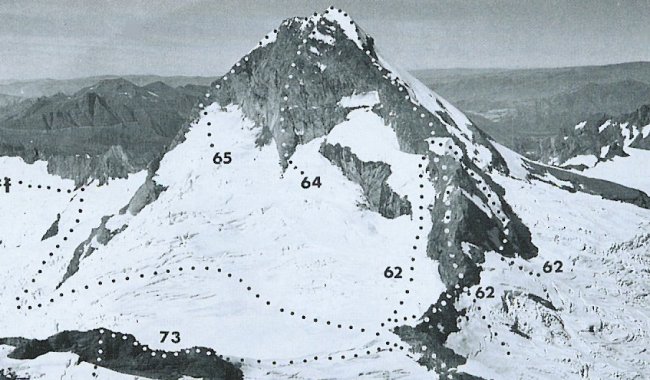 Ascent Routes on the North Face of Mount Aspiring in the Southern Alps on the South Island of New Zealand