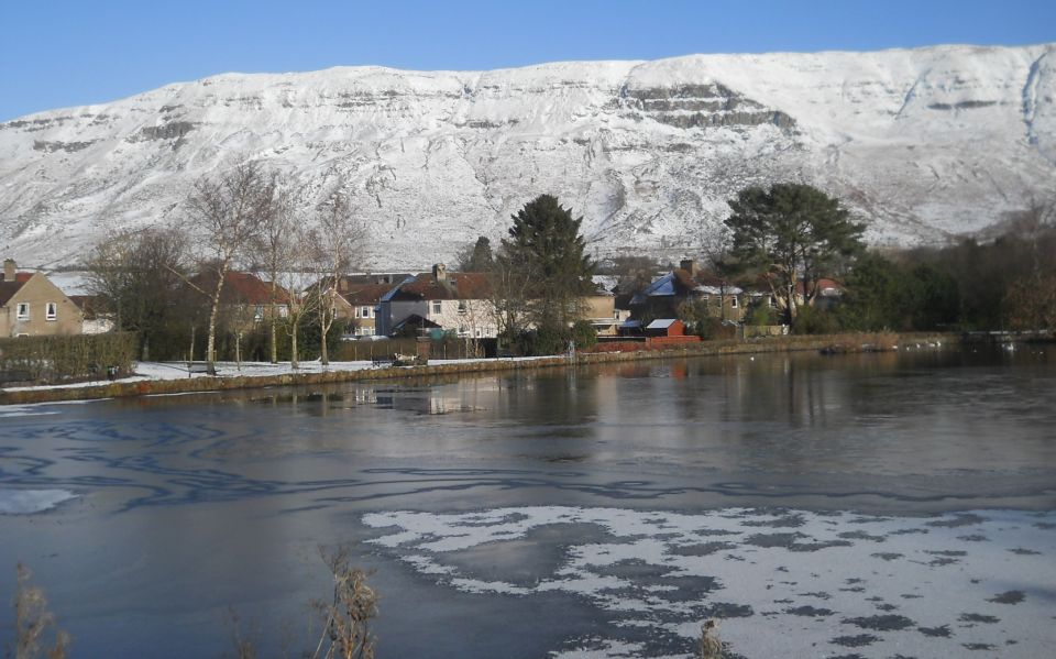 Clachan of Campsie beneath the Campsie Fells in winter